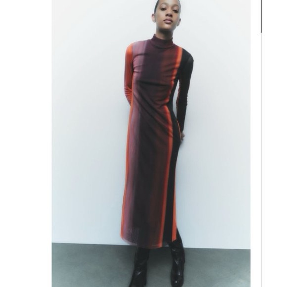 Zara Mesh Multigradient Long Sleeve Dress